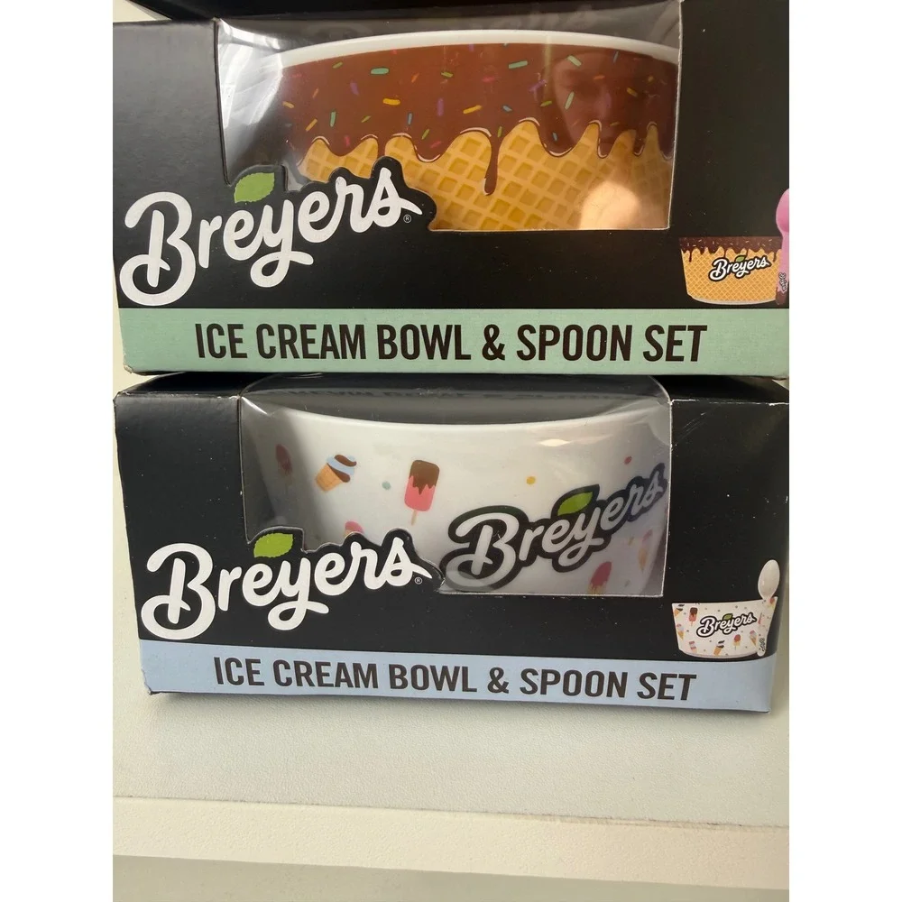 Breyers Ice Cream Bowl and Spoon Set Ceramic Waffle Cone 3 Sets Plus 10 Cups